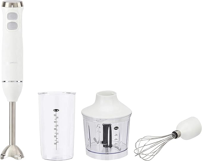 Amazon Basics 300W 4-In-1 Immersion Blender Handheld, Emulsion Blender With Blending Stick, Whisk, Chopper and Beaker, Continuous Speed Control And Turbo Mode, 5-ft Power Cord, White