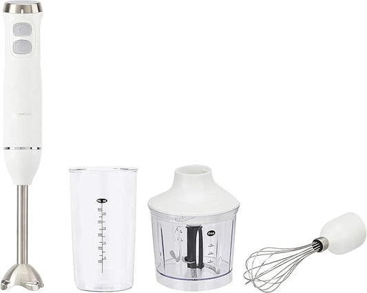Amazon Basics 300W 4-In-1 Immersion Blender Handheld, Emulsion Blender With Blending Stick, Whisk, Chopper and Beaker, Continuous Speed Control And Turbo Mode, 5-ft Power Cord, White