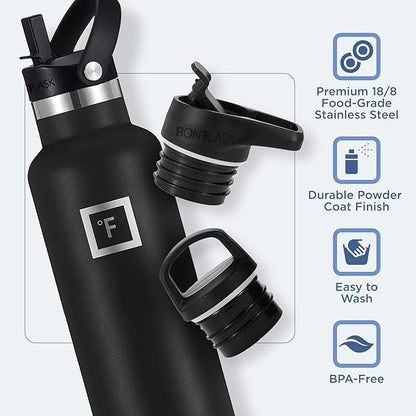 IRON °FLASK Sports Water Bottle - 24 Oz - 3 Lids (Narrow Straw Lid) Leak Proof Vacuum Insulated Stainless Steel - Hot & Cold Double Walled Insulated Thermos, Durable Metal Canteen