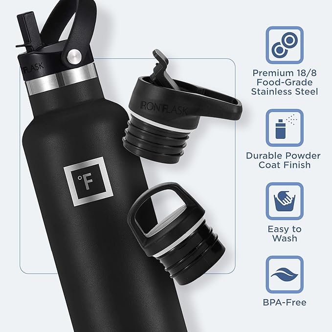 IRON °FLASK Camping & Hiking Hydration Canteens - 3 Lids (Narrow Straw Lid) Leak Proof Vacuum Insulated Stainless Steel - Hot & Cold Double Walled Sports Water Bottle - Blue Waves, 24 Oz