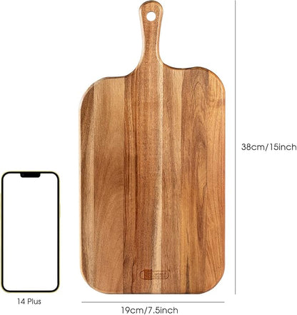 Serving Board, Acacia Wood Cutting Board with Handle Wooden Cheese Board Charcuterie Boards Wood Board for Food Bread Fruit 15x7.5x0.6 Inch