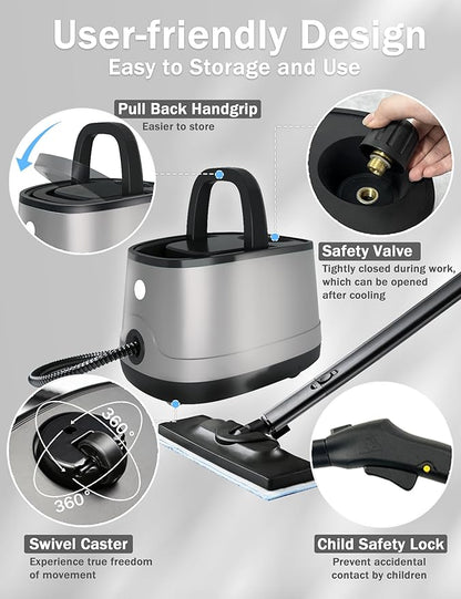 Steam Cleaner for Home, Xyloset Powerful Multipurpose Portable Steamer for Floors, Cars,Tiles, Home Use, 5 Mins Quick Heating, 1.5L Capacity, 20 Acc., Heavy Duty Steam Cleaner Carpet and Upholstery