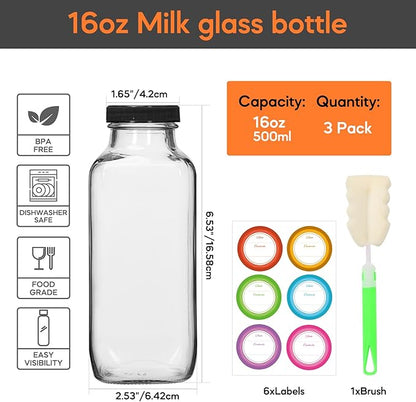 STARSIDE 16 oz Glass Juice Bottles with Lids 3 Pack - Square Reusable Drinking Jars for Juicing, Milk, Kombucha - Includes 1 Bottle Brush, 6 Colored Labels