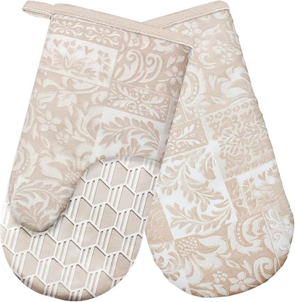 Thumb Oven Mitts, Heat and Slip Resistant Silicone Kitchen Mittens 2-Pack Set, Khaki Patchwork Flower Soft Long Oven Gloves, Flexible Thick Potholders for Safe Baking Cooking and Grill(Khaki)