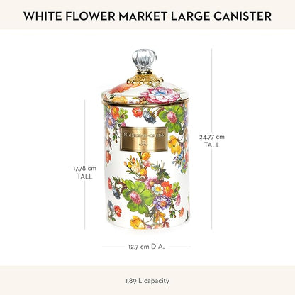MACKENZIE-CHILDS Large Enamel Canister, Kitchen Storage Container for Flour and Sugar, 1.89 Liters, White Flower Market