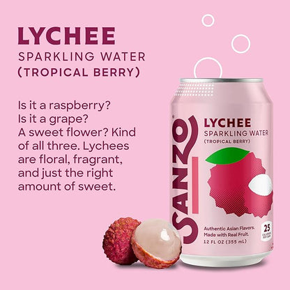 Sanzo Flavored Sparkling Water - Tropical Berry Seltzer (Lychee) - Low Calorie Low Sugar Soda - Craft Asian Drinks - Vegan Gluten Free Carbonated Flavored Water - Fizzy Healthy Drinks - 12oz, 12 Pack