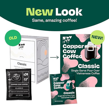 Copper Cow Premium Pour Over Single-Serve Vietnamese Coffee | Classic Black, Churro | Dark Roast | Includes 16 Coffees
