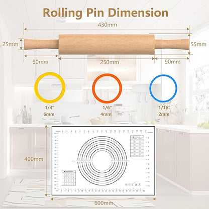Classic Wooden Rolling Pin with Handle and Pastry Mat for Fondant, Pizza, Pies, Cookies, Rolling Pin for Baking with 3 Multi-Color Thickness Rings, 17" x 2.5" Natural Beechwood