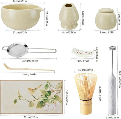 Matcha Whisk Set,9 Pcs Japanese Matcha Set, Matcha Kit with Sifter, Matcha Tea Cloth, Matcha Powder Canister, Electric Rechargeable Frother(Mottled Beige)