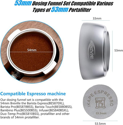 IKAPE Magnetic Dosing Funnel Set, 53MM Espresso Dosing Ring & Puck Screen Kit Compatible with Delonghi 54MM Bottomless Portafilter - with 8 Small Magnet (Silver)