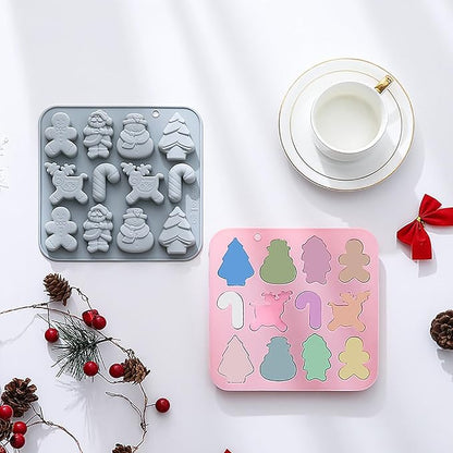 Christmas Silicone Chocolate Molds, 2Pcs Baking Molds Santa Claus Snowman Gingerbread Man Tree Walking Stick Elk 6 Shapes for Jelly Candy Ice Cube Fudge Resin