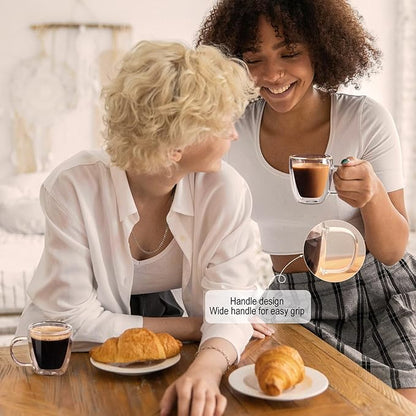 Espresso Cups Set of 4, Double Wall Hand Blown 5.5OZ Espresso Shots Glass, Coffee Mugs with Handle Perfect for Cappuccino, Latte, Tea