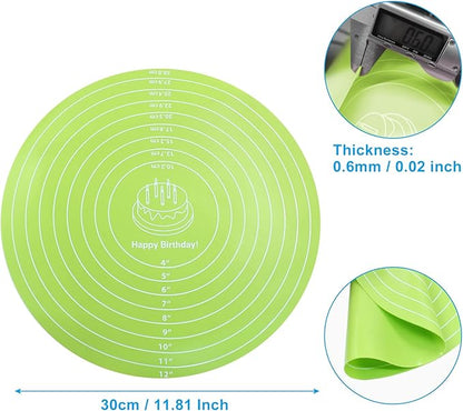 Hitefu 12 Inch Round Silicone Cake Mat, Silicone Baking Mat with Measurement for Cake Turntable & Rolling Dough (Green)