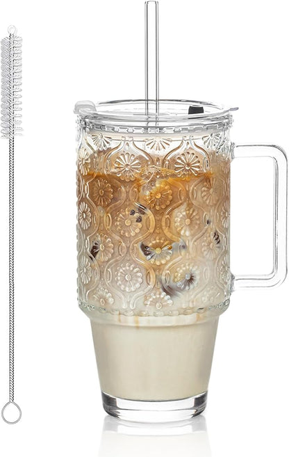 KEMORELA 24 Oz Glass Tumbler with Straw and Lid, Iced Coffee Cups with Lids, Smoothie Cup with Handle, Begonia Pattern Glassware for Cold Drinks, Reusable Tumbler for Beverages (1)