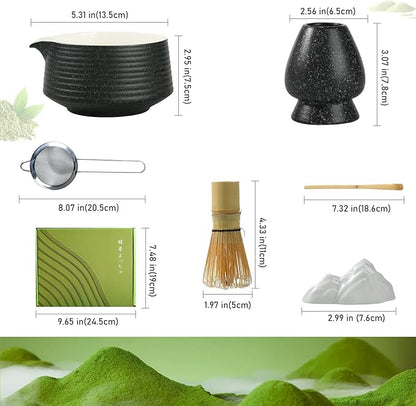 Matcha Whisk Set, Ceramic Matcha Set with Spout, Matcha Bowl Kit with Sifter, Whisk and Holder, Bamboo Scoop, Scoop Rest, Tea Towel, 7 Pcs Matcha Kit Set for Making Breakfast/Latte for Matcha Lovers