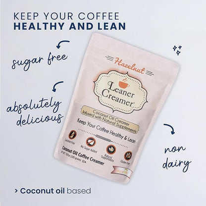 Leaner Creamer Coconut Creamer with Superfood Ingredients – Non-Dairy, Sugar-Free, Keto, Gluten-Free Powdered Coffee Creamer – Hazelnut Flavor – 280g