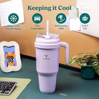 REDUCE 50 oz Stainless Steel Tumbler with Handle - Dual-Wall Vacuum Insulated Travel Mug, Sweat-Proof Lid & Reusable Straw - Keeps Drinks Cold for 24 Hrs, Fits Cupholders, Dishwasher Safe - Black