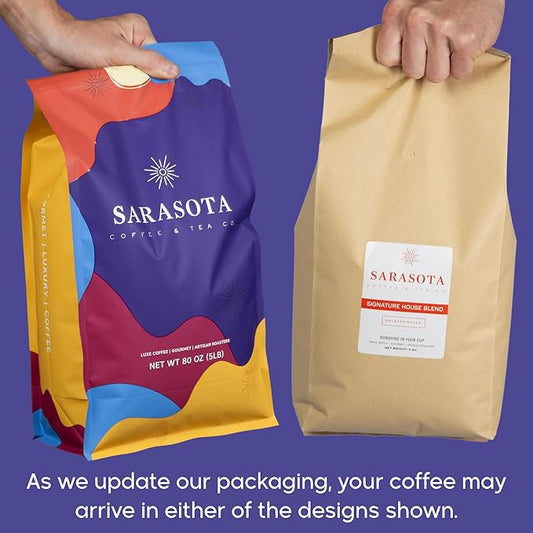 Sarasota Coffee Ground Decaf | Dark Roast Gourmet Decaffeinated Coffee Grounds | Low Acid, Mold Free, Specialty Grade Bulk Ground Decaf | 5lb (80 oz)