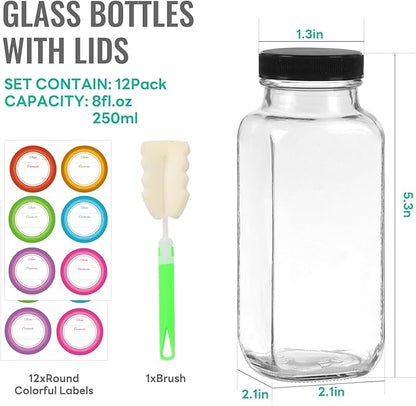 8 oz Glass Juice Bottles with Lids 12 Pack,Reusable Glass Drink Bottles,250ml Water Drinking Jars for Milk,Juicing,Kombucha,Ginger,Beverage Glassware,Juice Drinking Jars
