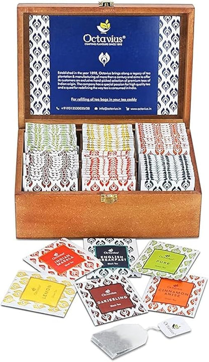 Octavius Gift's Select - Assorted Tea in Lotus Printed Wooden Box | 6 Flavors, 90 Tea Bags | Black & Green Tea | Tea Gifts for Women & Men | Tea Variety Pack | Mothers Day Tea Gift Box