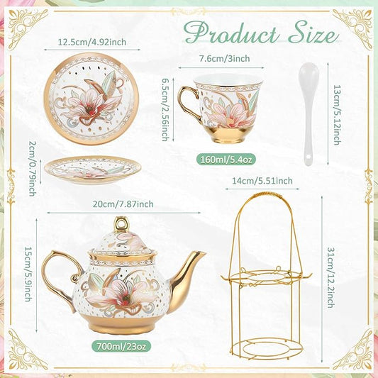Zhehao 20 Pcs Porcelain Tea Set with Metal Holder and Spoon Adult Ceramic Tea Party Set European Flower Painting Teapot Cup Saucer Spoon Set for Women, Large Version(Traditional Style)