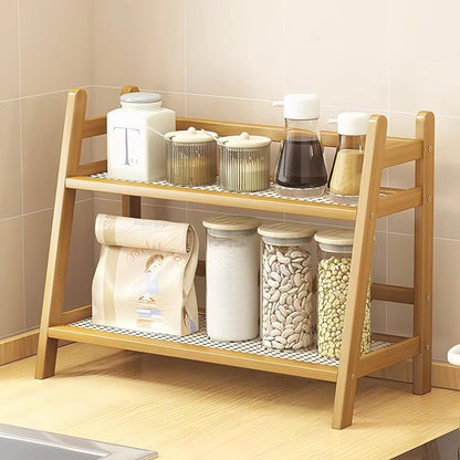 Wicker-Look Coffee Station Organizer, Bamboo Mug Holder Countertop, Kitchen Counter Shelf for Tea Coffee Bar Accessories, Matcha Stand, Cup Display, Condiment Storage Rack, 2 Tier