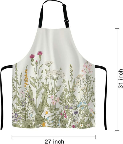 Herbs and Wild Flowers Bib Apron with Adjustable Neck for Men Women,Suitable for Home Kitchen Cooking Waitress Chef Grill Bistro Baking BBQ Cobbler Apron