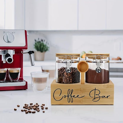 Glass Coffee Canister Set with Bamboo Shelf & Spoon - 2 Airtight Containers (47oz Each) for Coffee Beans, Ground Coffee, Sugar, Flour - Borosilicate Glass & Bamboo Lid with Silicone Seal