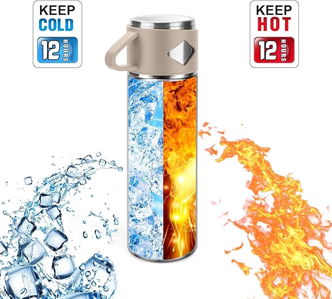 Stainless Steel Thermo 700ml/23.7oz Vacuum Insulated Bottle with Cup for Coffee Hot drink and Cold drink water flask.(Brown,Set)