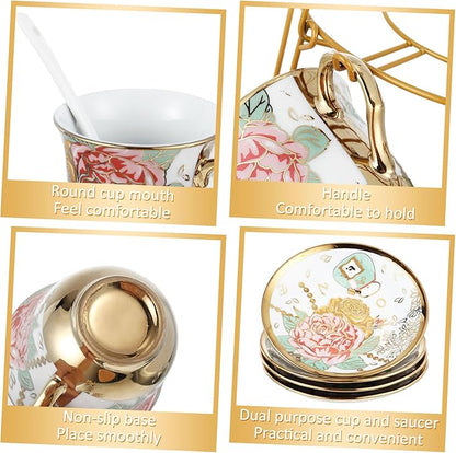 Zhehao 20 Pcs Porcelain Tea Set with Metal Holder and Spoon Adult Ceramic Tea Party Set European Flower Painting Teapot Cup Saucer Spoon Set for Women, Large Version(Bright Style)