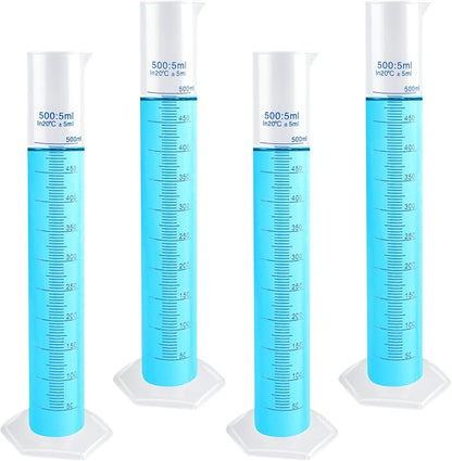 4 Packs 500ml Plastic Graduated Cylinder,Transparent Measuring Cylinder Set with Pour Spout, 2-Sided Making Plastic Lab Test Tube for Science Projects, Laboratory Supplies