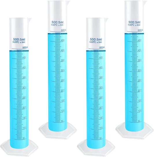 4 Packs 500ml Plastic Graduated Cylinder,Transparent Measuring Cylinder Set with Pour Spout, 2-Sided Making Plastic Lab Test Tube for Science Projects, Laboratory Supplies