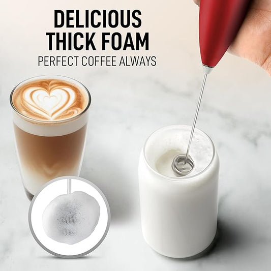 Zulay Kitchen Powerful Double Whisk Milk Frother Handheld - Foam Maker With Stand - Whisk Drink Mixer for Coffee, Mini Foamer for Latte, Matcha, Frappe, Hot Chocolate & Cappuccino (Cardinal Red)