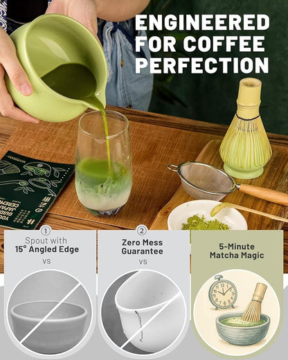 Nucookery Matcha Set - 6 PCS Matcha Whisk Set, 18OZ Matcha Bowl (Chawan) with Spout, Matcha Whisk (Chasen) and Holder, Bamboo Matcha Scoop and Sifter, Matcha Kit/Tools/Accessories for Tea Ceremony