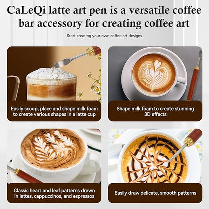 Latte Art Pen 1Pcs,Stainless Steel and Brass with Rosewood Handle of Tools - Barista Tools for Art on Latte,Cappuccino,Espresso - Perfect Coffee Accessories for Coffee Bar