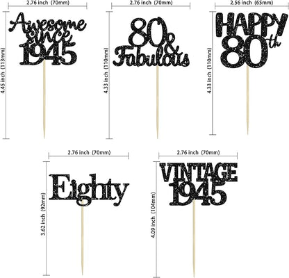 Gyufise 30 Pack Vintage 1945 Cupcake Toppers Glitter Cheers to 80 Fabulous Eighty Cupcake Picks 80th Birthday Wedding Anniversary Party Cake Decorations Supplies Black