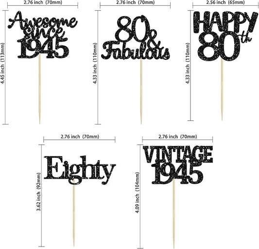Gyufise 30 Pack Vintage 1945 Cupcake Toppers Glitter Cheers to 80 Fabulous Eighty Cupcake Picks 80th Birthday Wedding Anniversary Party Cake Decorations Supplies Black