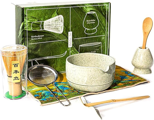 8 PCS Matcha Whisk Set, Ceramic Matcha Set, Includes Bowl, Matcha Whisk Holder Matcha Bamboo Whisk, Scoop, Sifter, Unique Gift for Matcha Lovers (B)