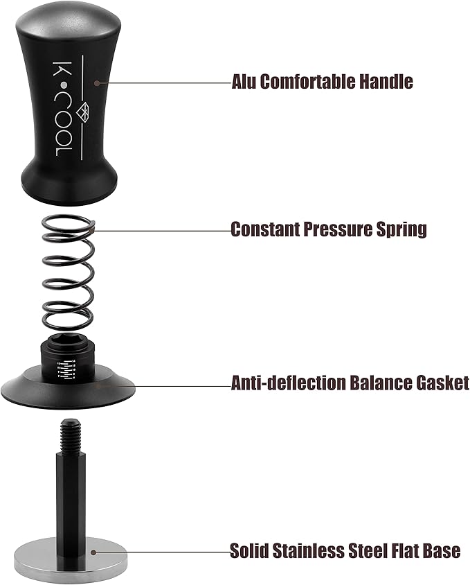 K COO Espresso Tamper, Premium Barista Tools Coffee Tamper with Calibrated Spring 30lb, 100% Stainless Steel Flat Base Tamper with Scale Mark Fits for Breville 54mm Portafilter Basket (53mm, Black)