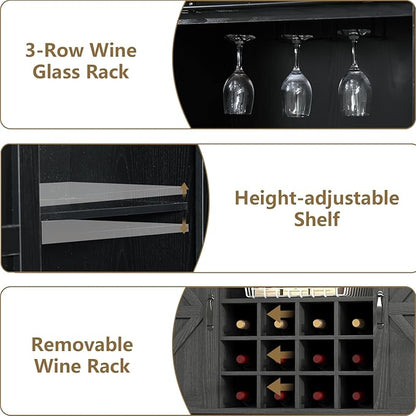 55 Inch Farmhouse Coffee Bar Cabinet with 3-Tier Storage, Kitchen Hutch with 12 Wine Racks & 3 Glass Holders, Coffee Bar with 6 Hooks, Wine Bar Cabinet for Dining Living Room, Black