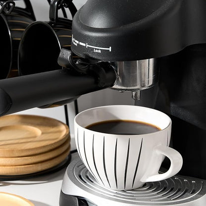LUKA Ceramic Demitasse Espresso Cups Set with Saucers and Metal Stand, 8 oz Porcelain Cappuccino Cups Teacup For Tea, Espresso, Latte, Coffee, Cafe Mocha, Set of 4, Stripe White & Black