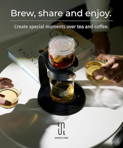 Glass Tea Pot with Infusers for Loose Tea and Drip Coffee Pour Over, Semi Automatic Tea Set with Magnetic Clear Teapot, White