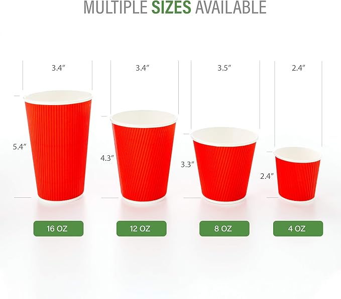 Restaurantware 8 Ounce Double Wall Disposable Coffee Cups, 500 Insulated Red Paper Tumblers with Ripple Wall Design, Lids Sold Separately for Hot Drinks like Tea, Hot Chocolate, and More
