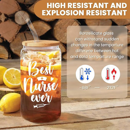SANDJEST Nurse Cup 16 Oz Glass Can with Bamboo Lid and Straw - Nurse Gifts for Women - Appreciation Nursing Gifts for Female on Birthday