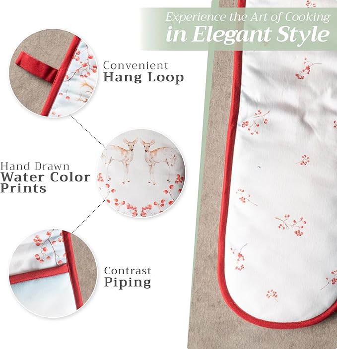 Maison d' Hermine Double Oven Mitt 100% Cotton Heat Resistant Cooking Gloves with Loop, Baking Barbeque, Handling Hot Pan, Fairytale Forest - Thanksgiving/Christmas (7 Inch x 35 Inch)