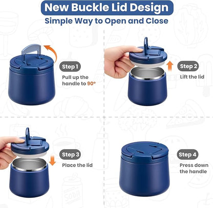 14oz Insulated Vacuum Food Jar with Buckle Lid,Soup Thermo for Hot Food Kids,Wide Mouth Leakproof Stainless Steel Lunch Container with Spoon-Blue