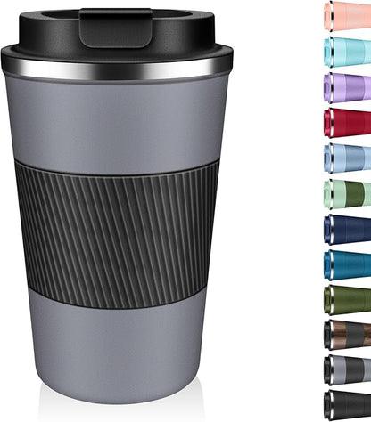 Insulated Coffee Tumbler 12 oz, Stainless Steel Coffee Mug with Lids, Travel Coffee Mug Leak Proof, Double Wall Vacuum Insulated Reusable Coffee Cup, Keep Drinks Hot and Cold (Gray, 12 Ounces)