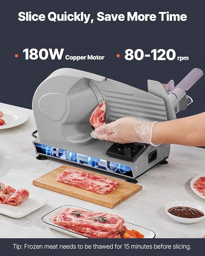 VEVOR Meat Slicer, 180W Electric Deli Food Slicer, 7.5 inch Meat Cutter with a Premium SUS420 Blade, 0-0.6 inch Adjustable Thickness, Food Slicer for Frozen, Hard Bread and Cheese, Home Use