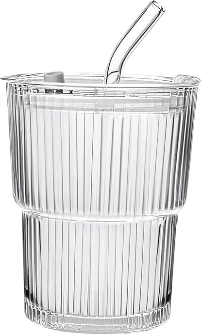 13oz/400ML Glass Tumbler with Straw and Lid Ribbed Vertical Ice Coffee Cups Sealed Carry on for Coffee Iced Tea, Thick Wall Glassware Tumbler Water Glass (Clear 1pc)