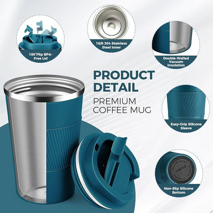 Volhoply 13 oz Stainless Steel Insulated Travel Coffee Mug with Fip Lid,Reusable Double Wall Vacuum Metal Coffee Cup,Portable to Go Leak Proof Cafe Thermal Tumbler for Hot & Cold Drinks(Bule,1)